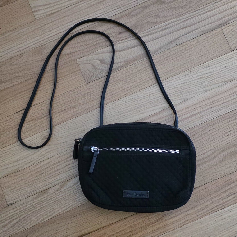 Vera Bradley Small Black Quilted Crossbody Bag w/pink Floral Lining